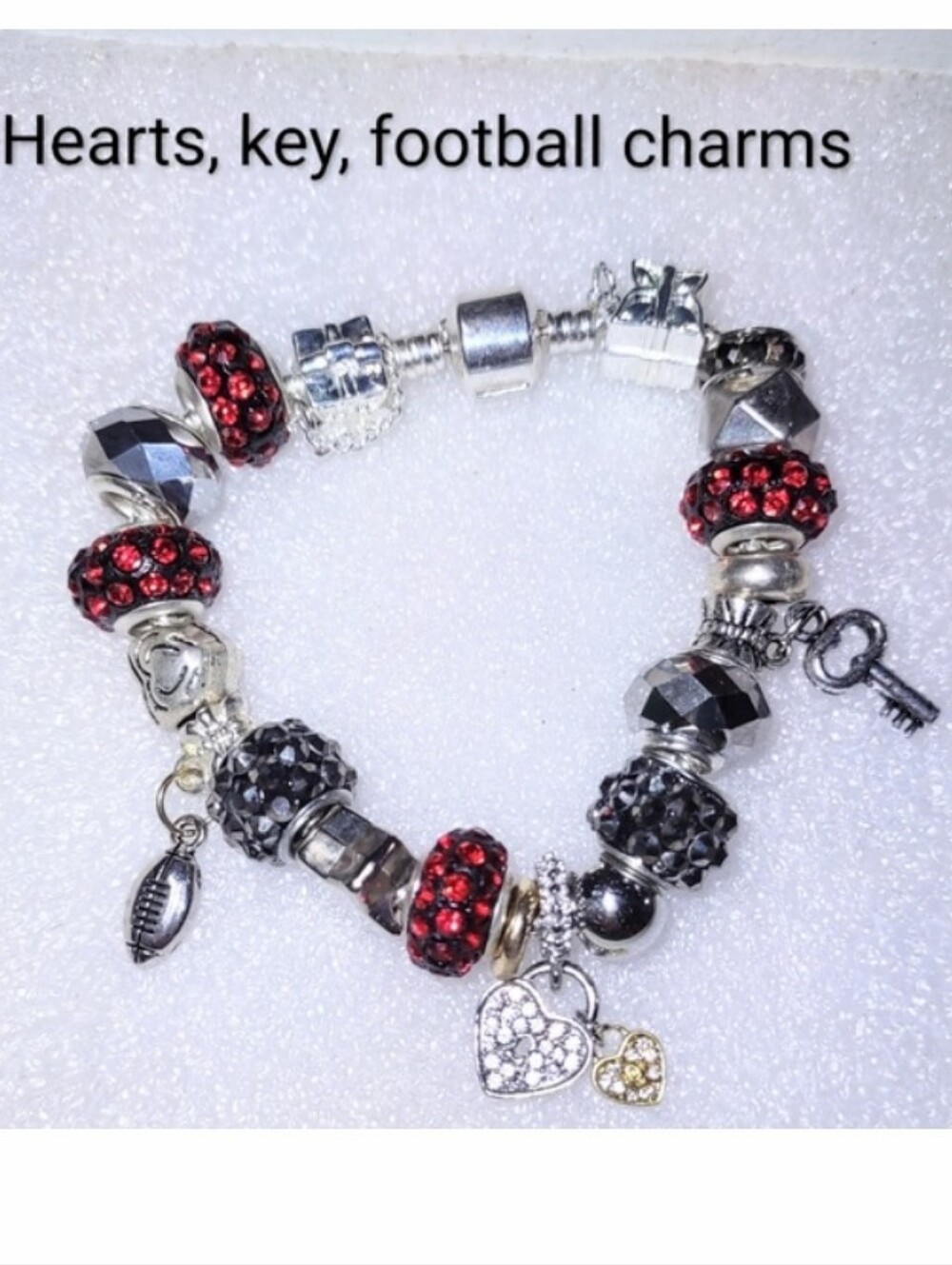 Big Bead Charm Bracelet Choice; Red Hearts or Silver Football Theme